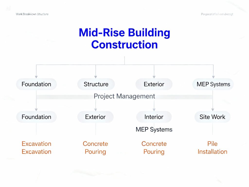 Hierarchical Work Breakdown Structure (WBS) diagram for a mid-rise construction project showing project decomposition.