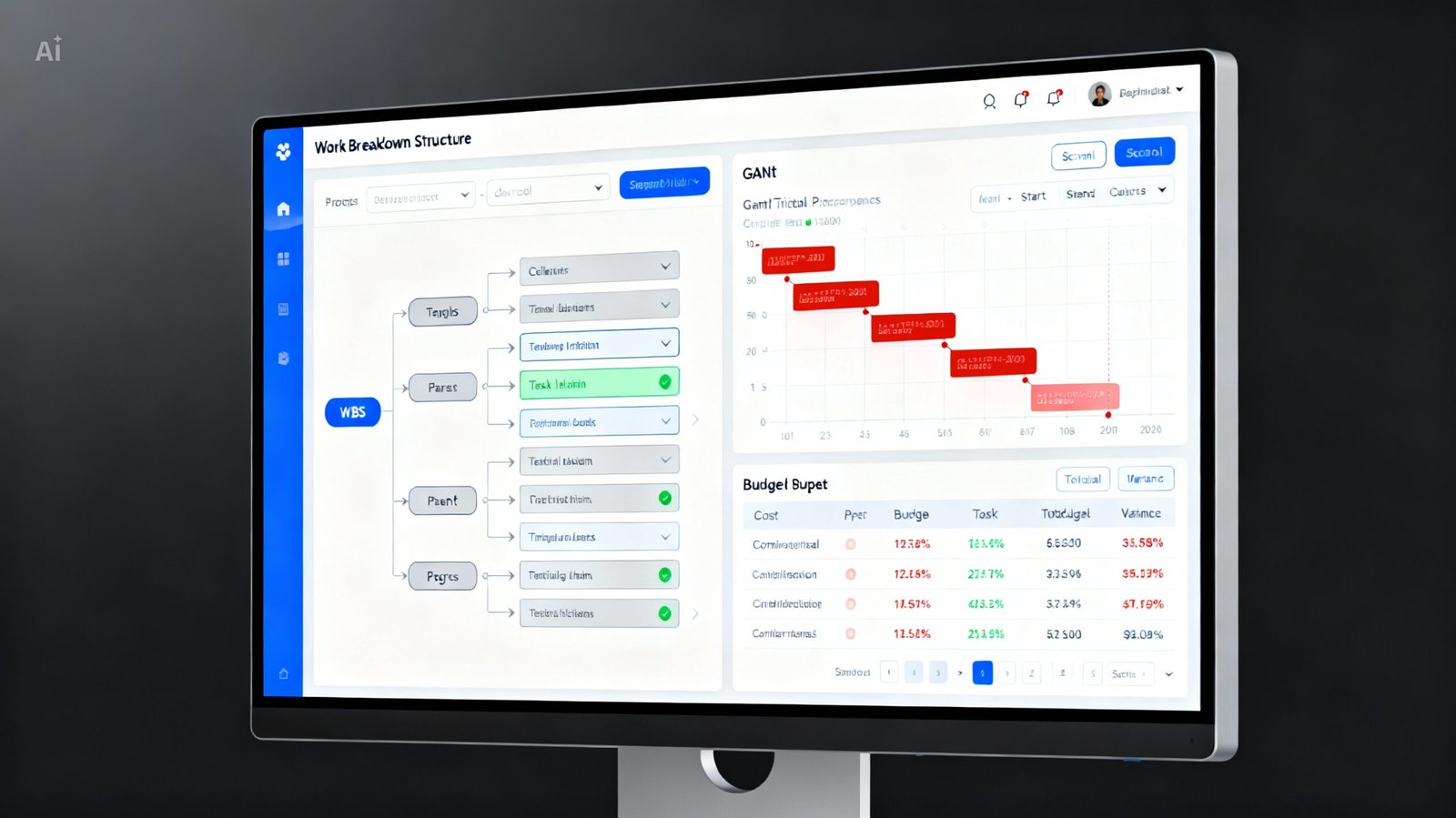Project management software dashboard displaying WBS, Gantt chart, and budget for construction.