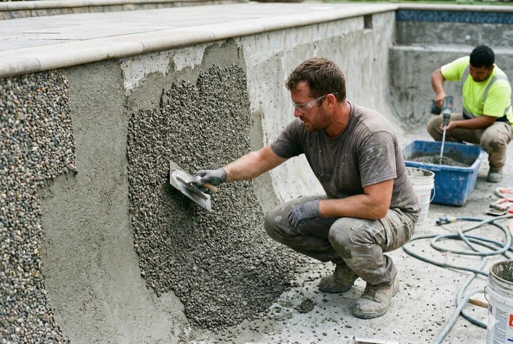 Pool resurfacing contractor applying an aggregate finish to a concrete swimming pool