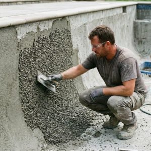 Pool resurfacing contractor applying an aggregate finish to a concrete swimming pool